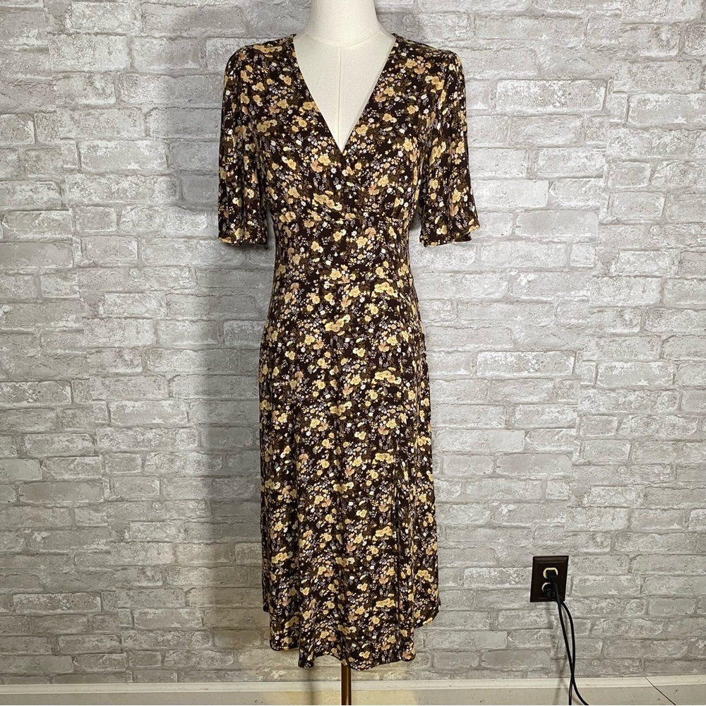 ARFM Floral faux‎ Wrap-Style Brown Midi Dress with slit size medium cottagecore